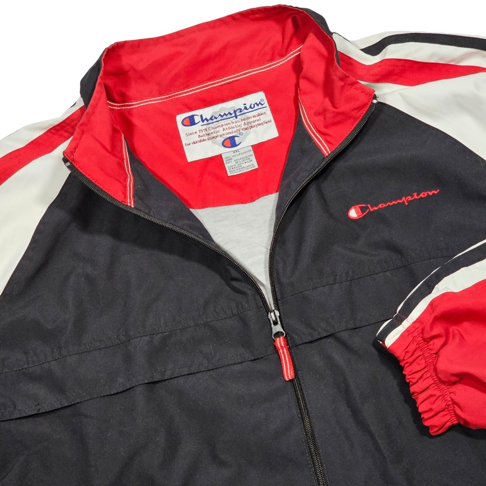 Champion Windbreaker Jacket Mens XXL Black Red Colorblock Retro Streetwear